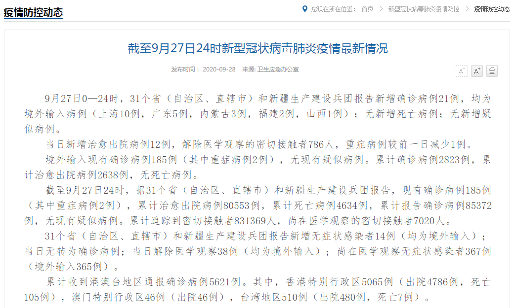 31省份新增确诊6例均为境外输入(31省新增确诊21例 均为境外输入)
